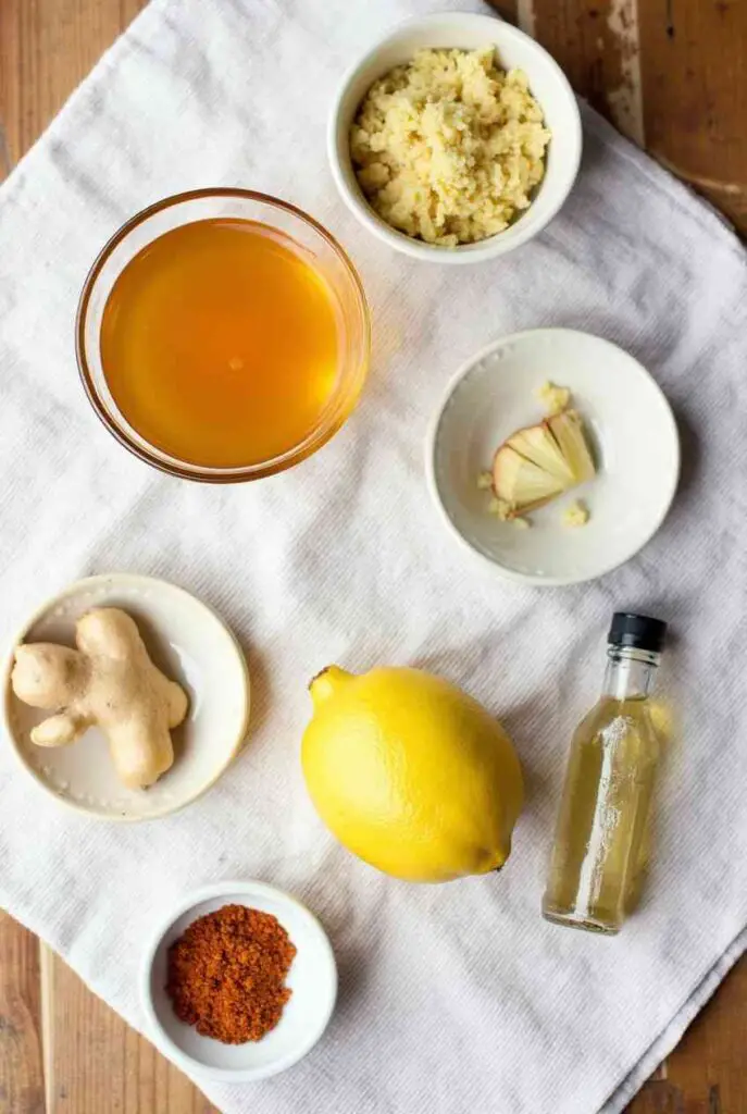 Flat lay of natural ingredients for Amish Amoxicillin: raw honey, fresh garlic, lemon, ginger, cayenne pepper, and apple cider vinegar.
