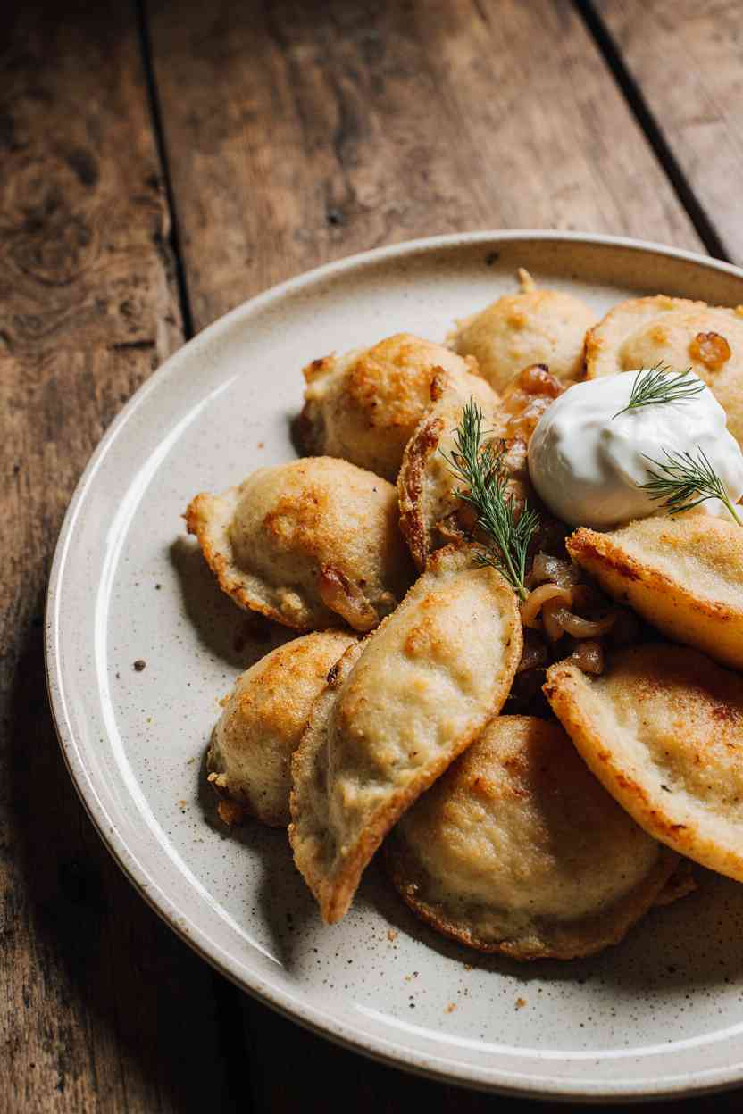 Hutterite cottage cheese perogies with buttered onions and sour cream on a rustic plate