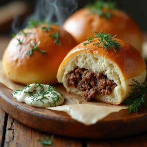 Delicious homemade Mennonite Fleisch Perishke with creamy dill sauce