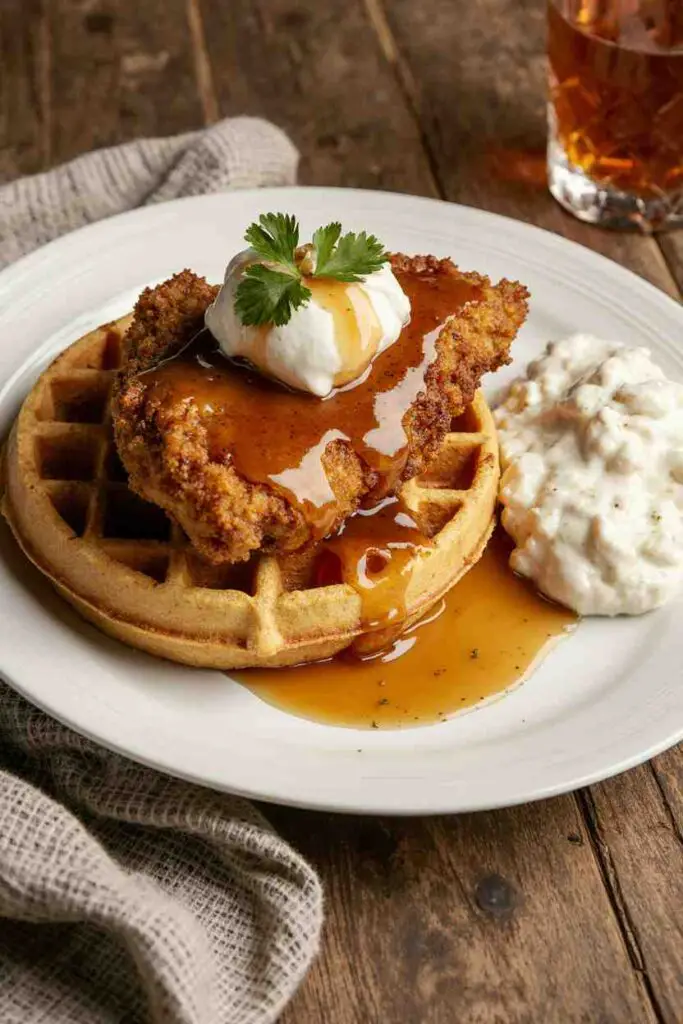 Amish Chicken and Waffles (PA Dutch Chicken and Waffles) 6 Amish Chicken and Waffles served with maple syrup and creamy gravy on a rustic plate.