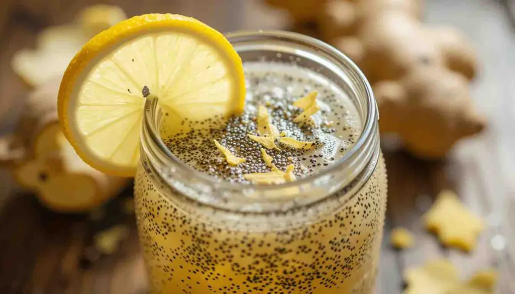 Natural Zepbound Recipe homemade detox drink with chia, lemon, and ginger in a clear glass